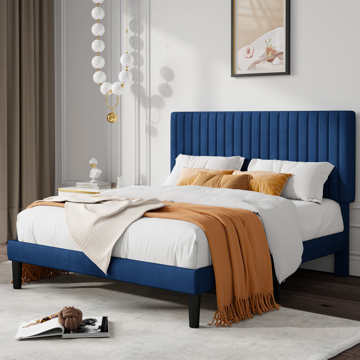 Queen Size Black Velvet Upholstered Platform Bed Frame Y905538