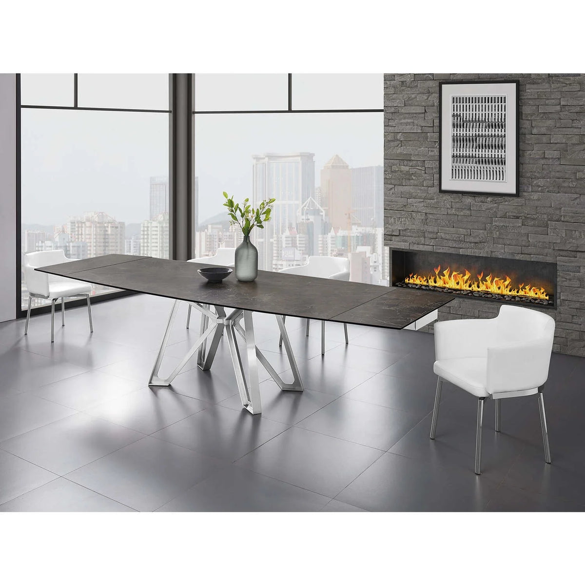 Dining Table with Brushed Stainless Steel Base and Brown Marbled Porcelain Top N87432