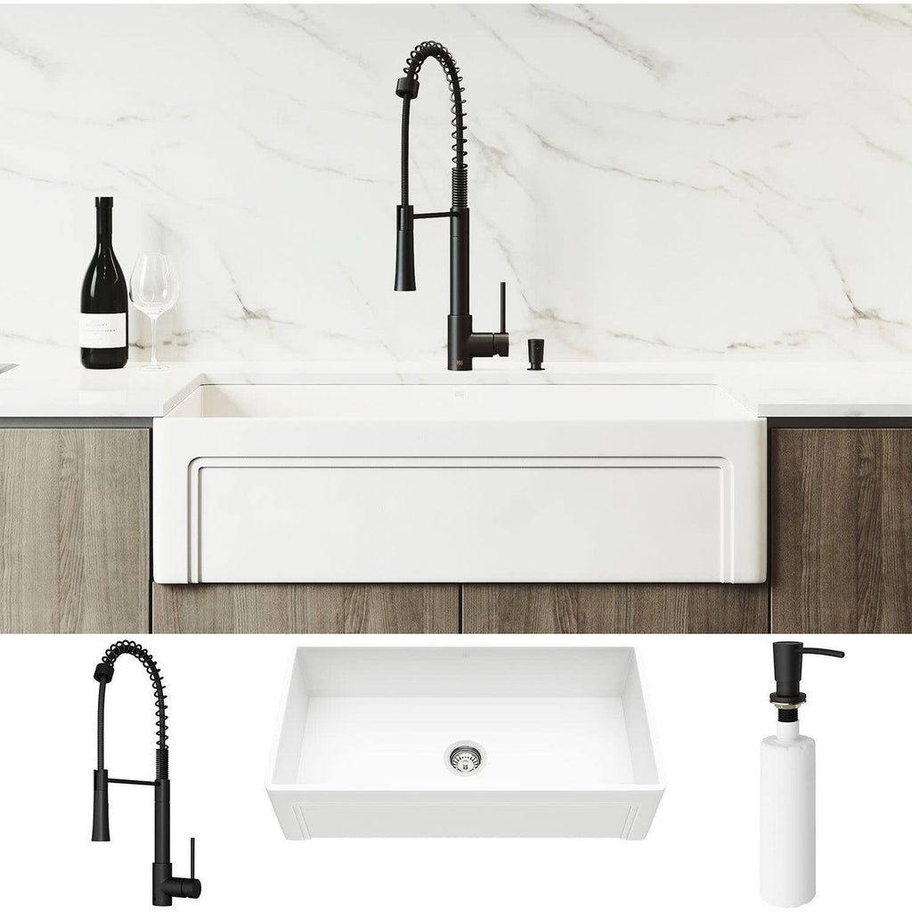 36x22 Matte Stone Farmhouse Apron Kitchen Sink Set with Faucet R44563