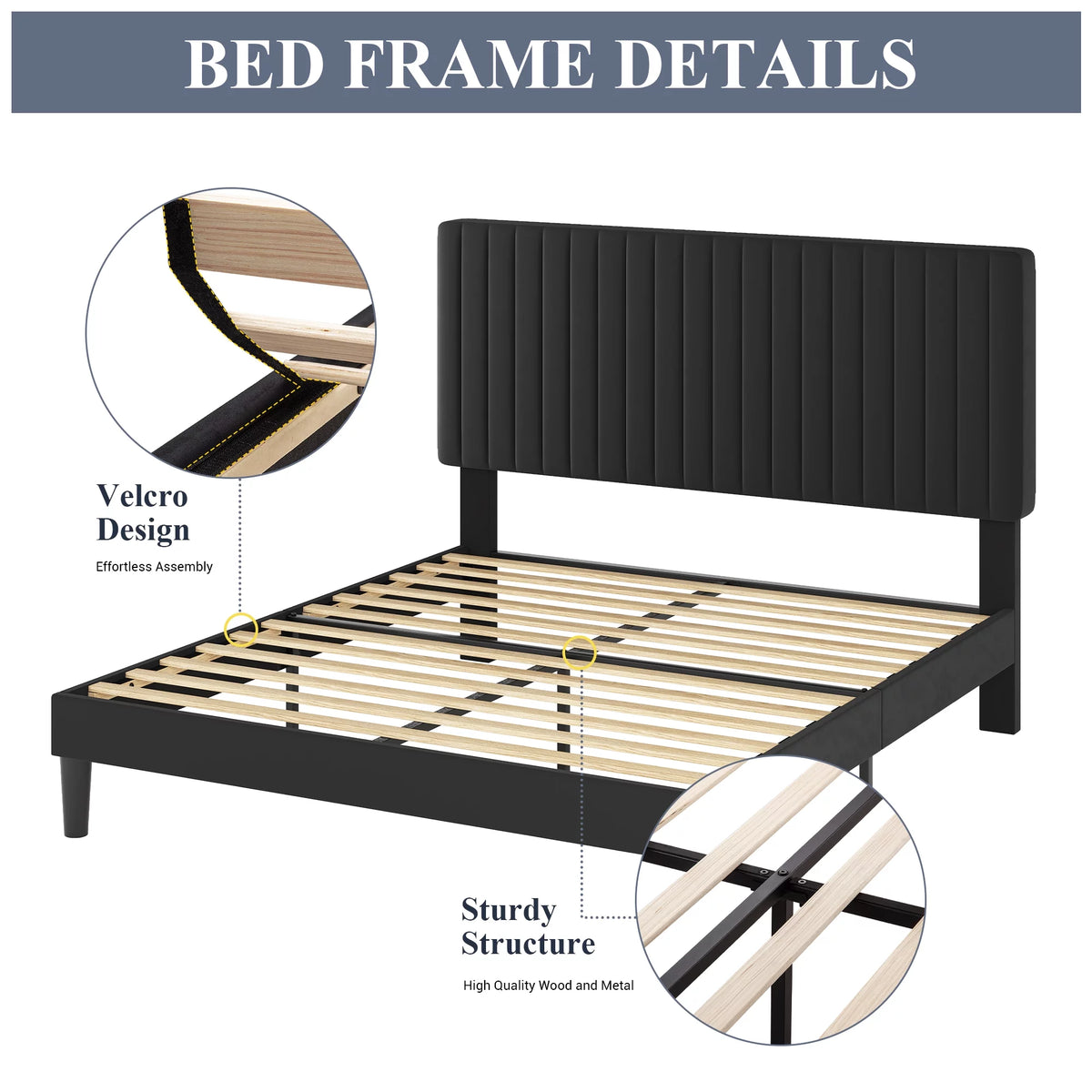 Queen Size Black Velvet Upholstered Platform Bed Frame Y905538