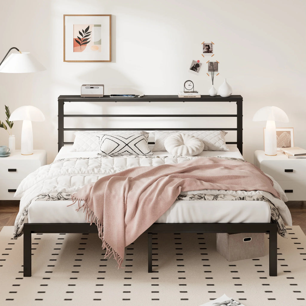 Queen Size Metal Platform Bed Frame with Shelf Headboard D286