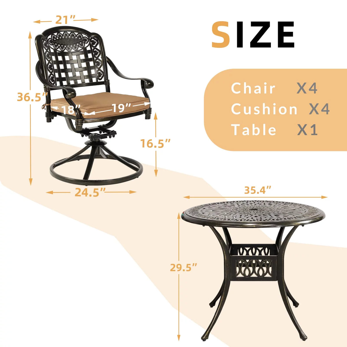 5 Piece Cushioned Swivel Rocking Patio Dining Set with 35.2" Round Table R8616