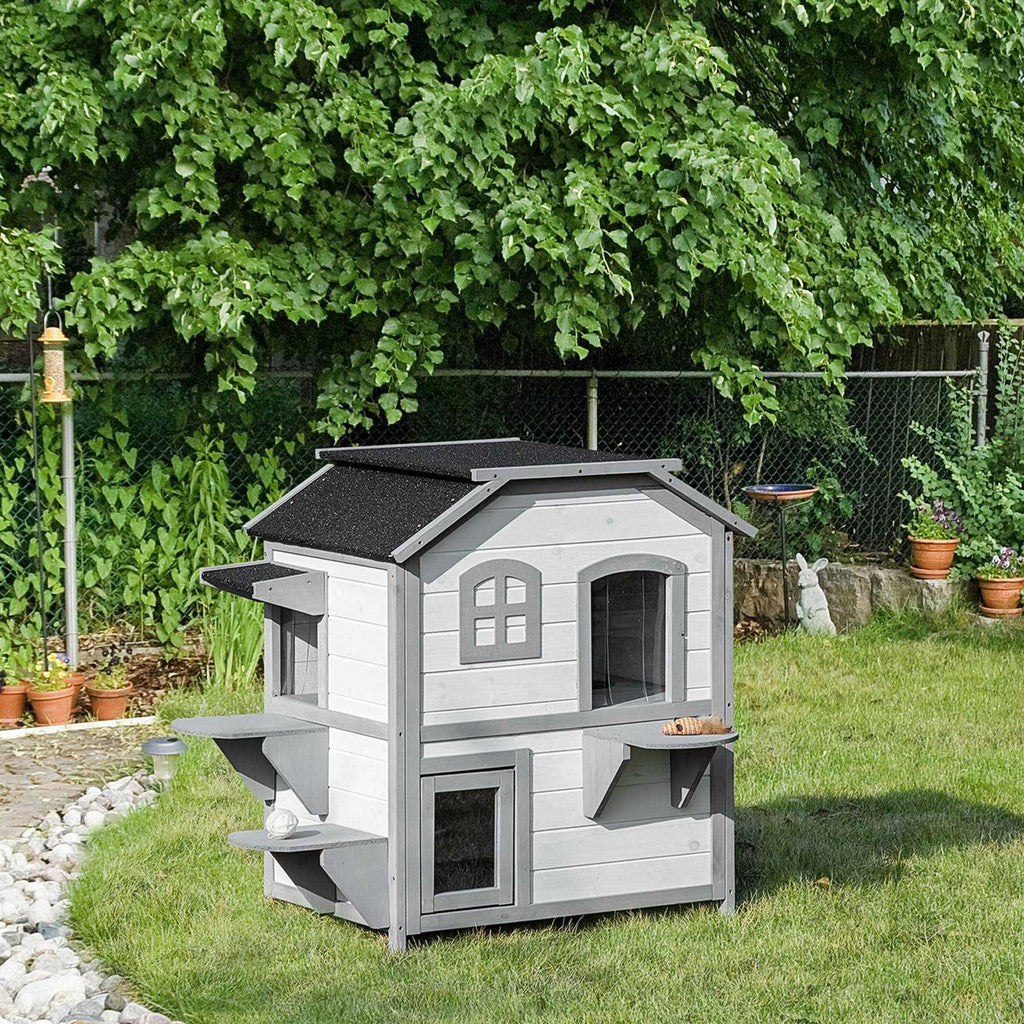 Wooden 2-Story Outdoor Cat House with Escape Door Q739881