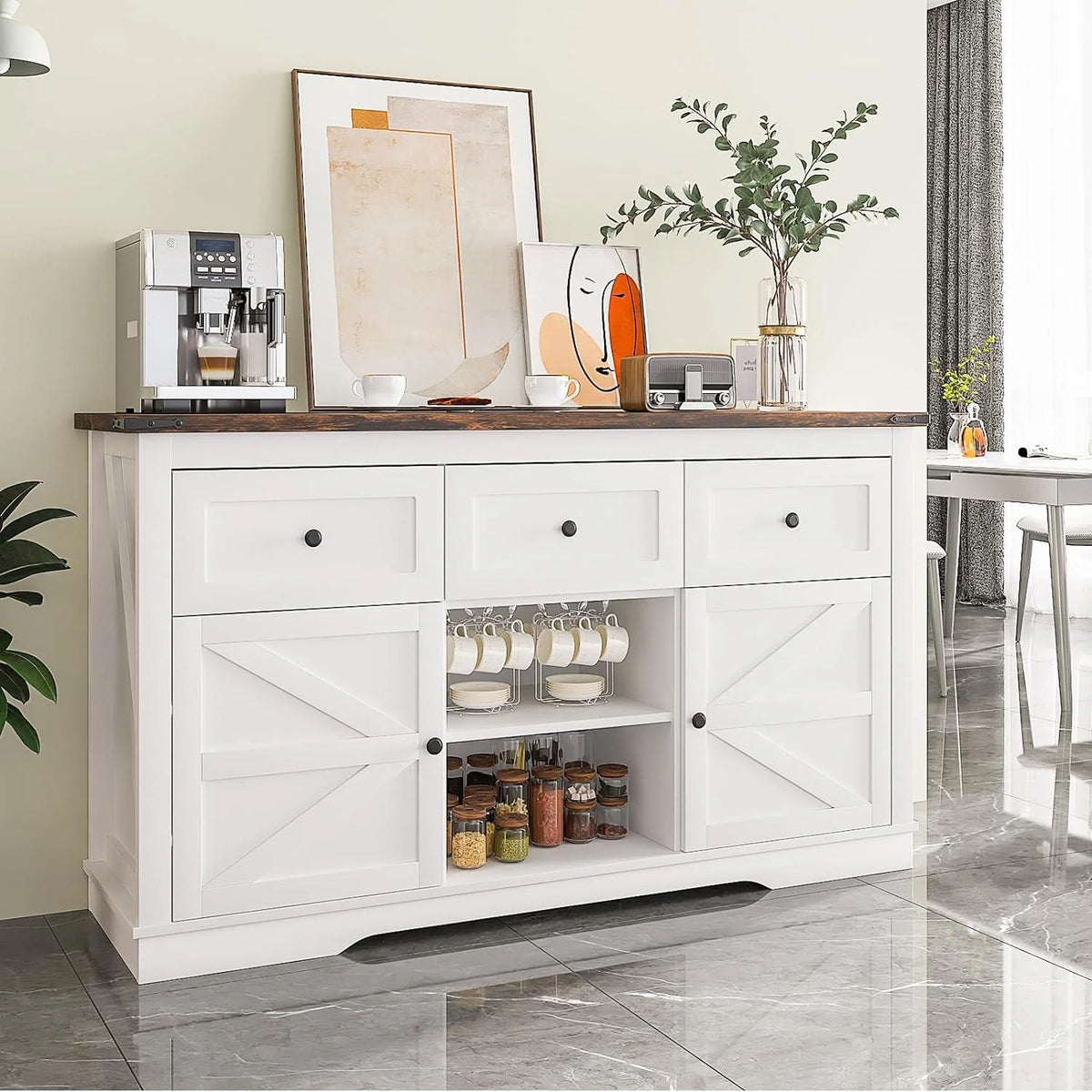 White TV Stand with 3 Drawers and Shelves W9324