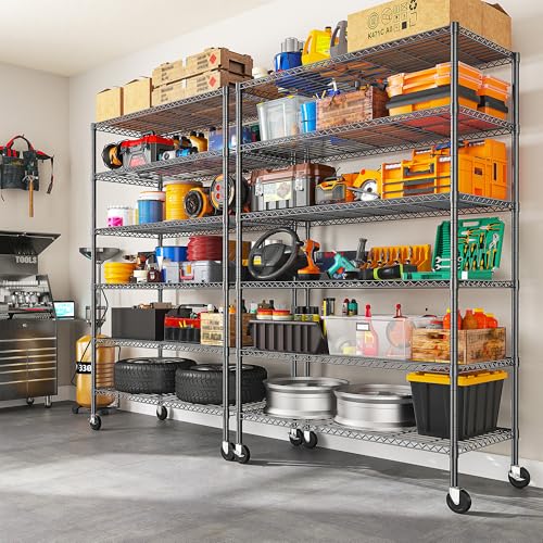 82" H X45 W X18 D 6 Tier Adjustable Metal Shelving with Wheels, Black U7062