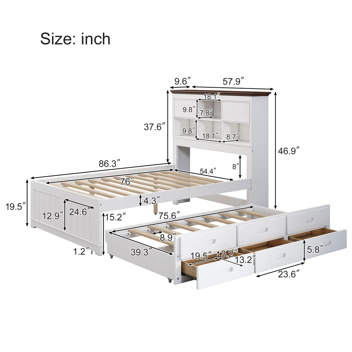 Full Size Wood Platform Bed with Drawers and Trundle K50580