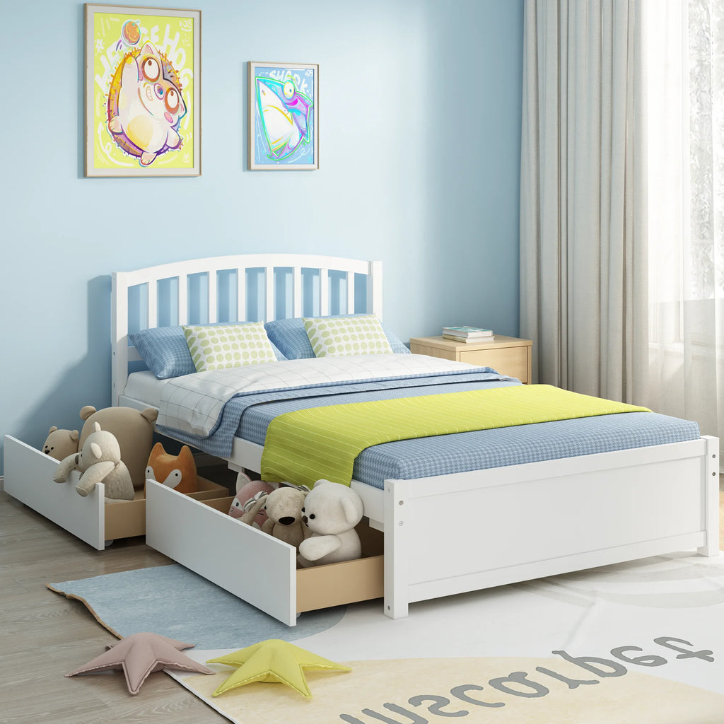 White Wood Twin Size Platform Bed with 2 Drawers F17633