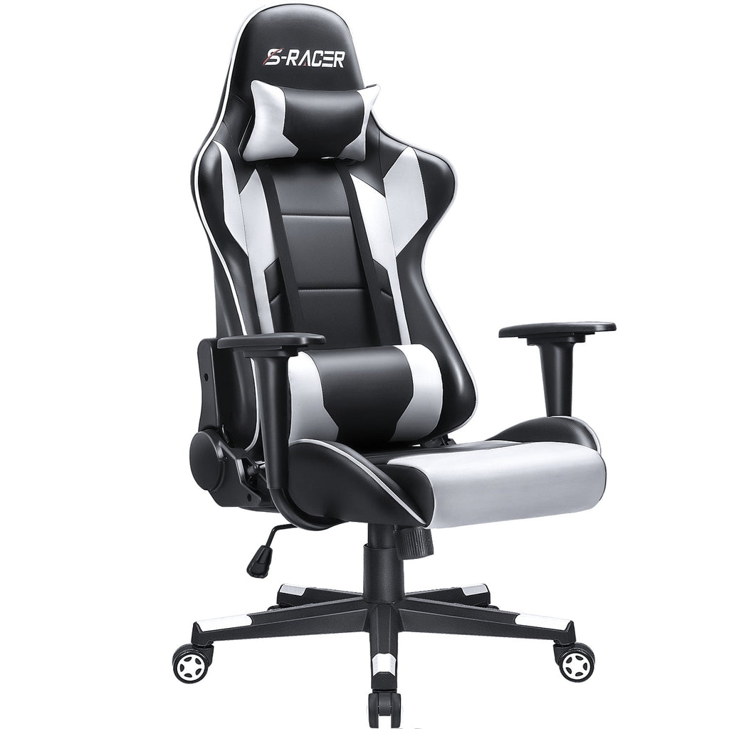 White Ergonomic Leather Gaming Chair with Headrest and Lumbar Support I587
