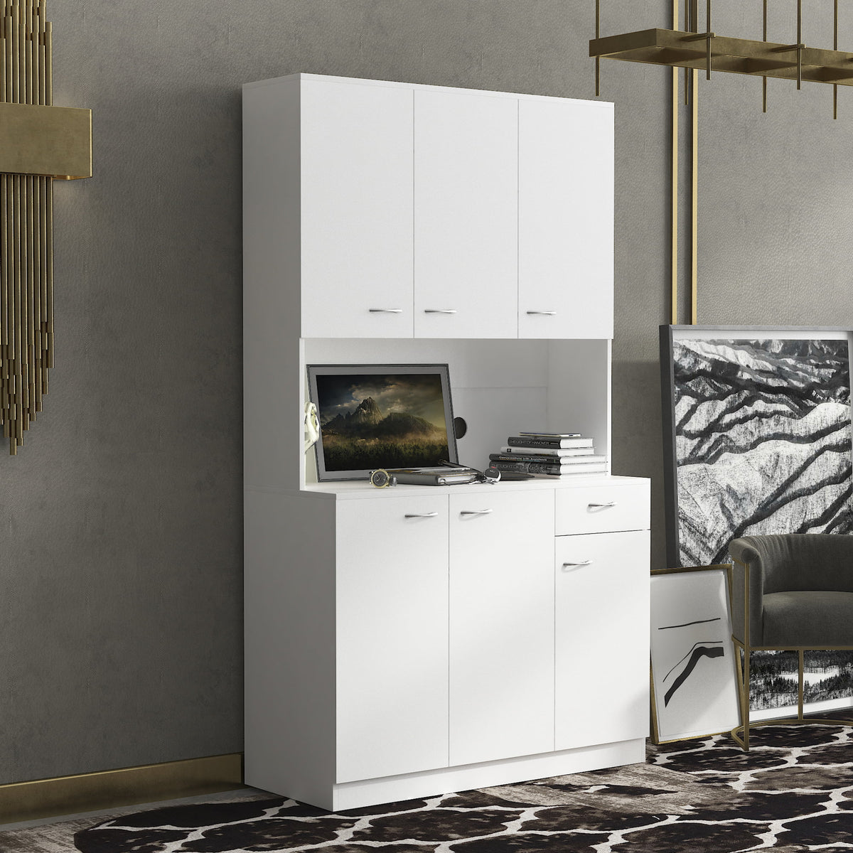 White Kitchen Pantry Cabinet with 6 Doors and 1 Drawer O686
