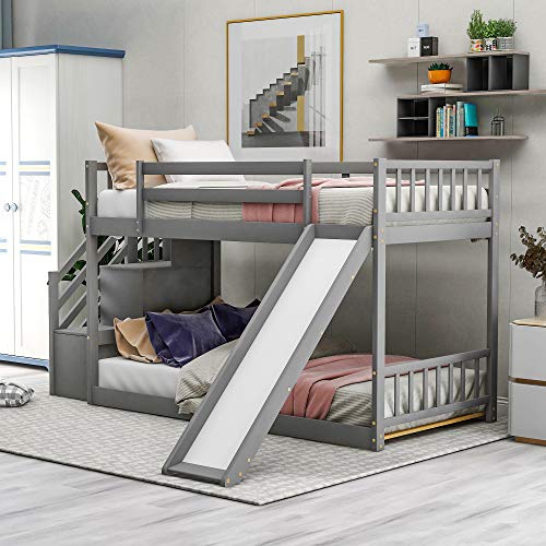 Twin Over Twin Wood Bunk Bed with Slide and Storage Drawers N2297