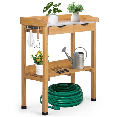 Wooden Potting Bench Table with Metal Tabletop and Open Shelf F978