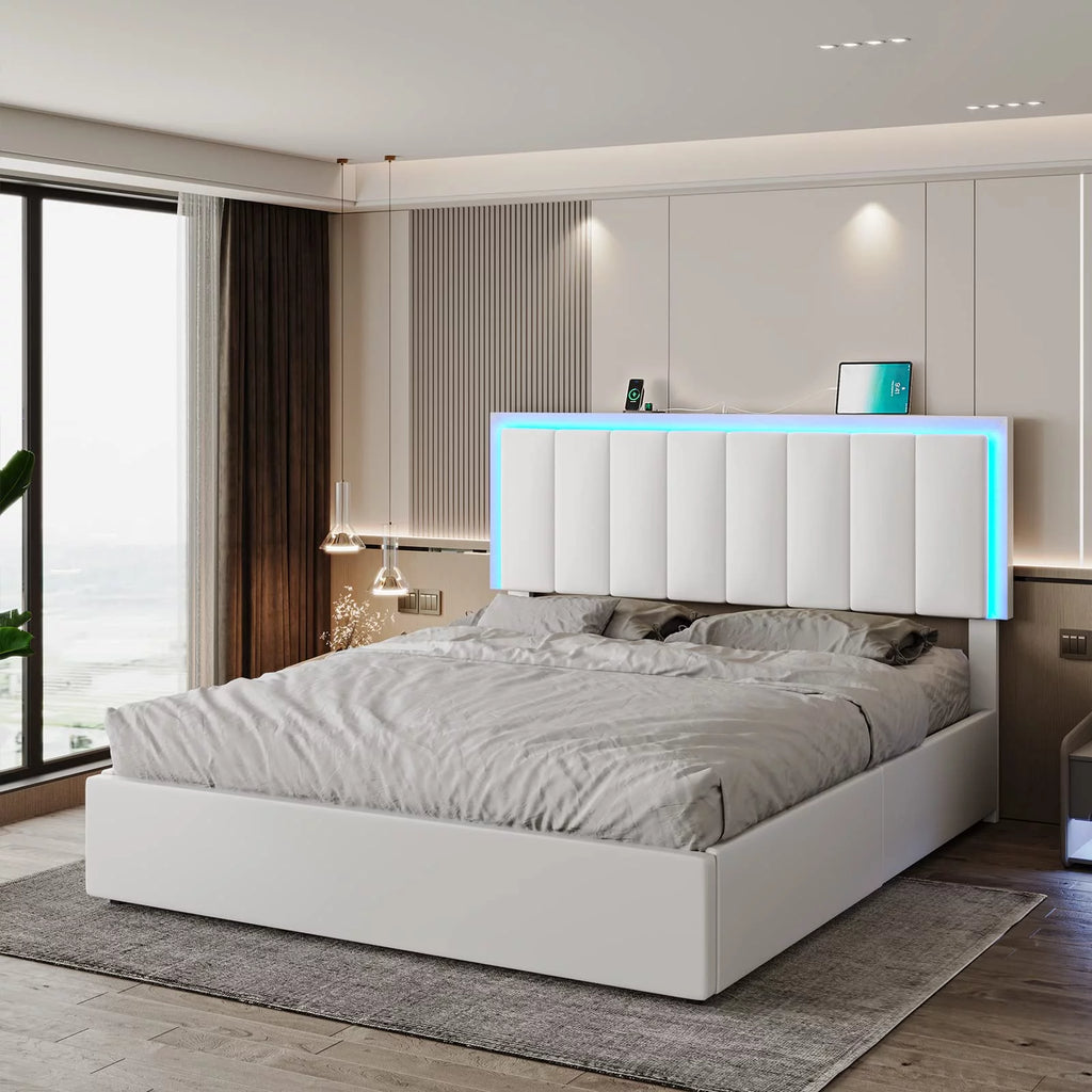 Queen LED Bed Frame with 4 Storage Drawers and USB Ports White J67593