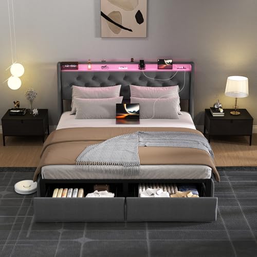 Queen Size Metal Platform Bed Frame with Storage Headboard and 4 Drawer S5785