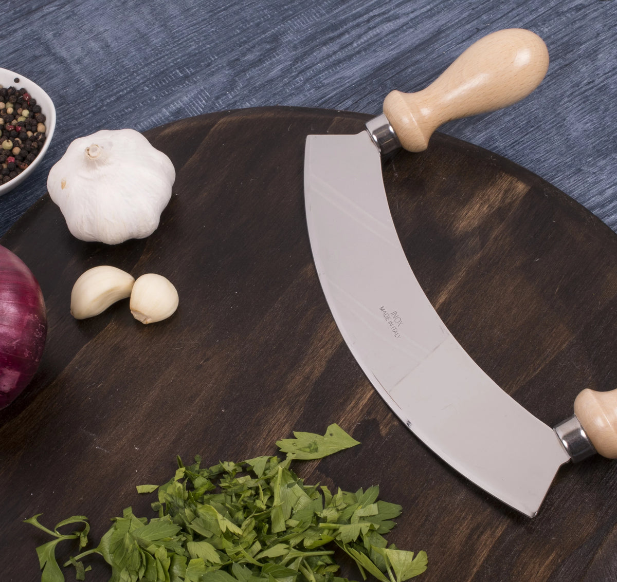 Stainless Steel Mezzaluna Chopper with Beechwood Handles J326