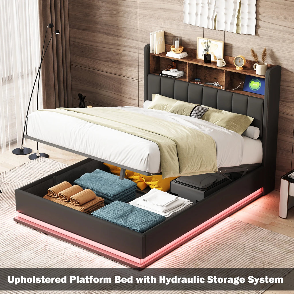 Black Full Size PU Upholstered Platform Bed with Storage Headboard R3331