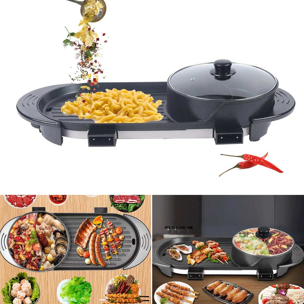 Electric Hot Pot Teppanyaki Non-Stick Barbecue Pan Grill 26.77in Black T19631