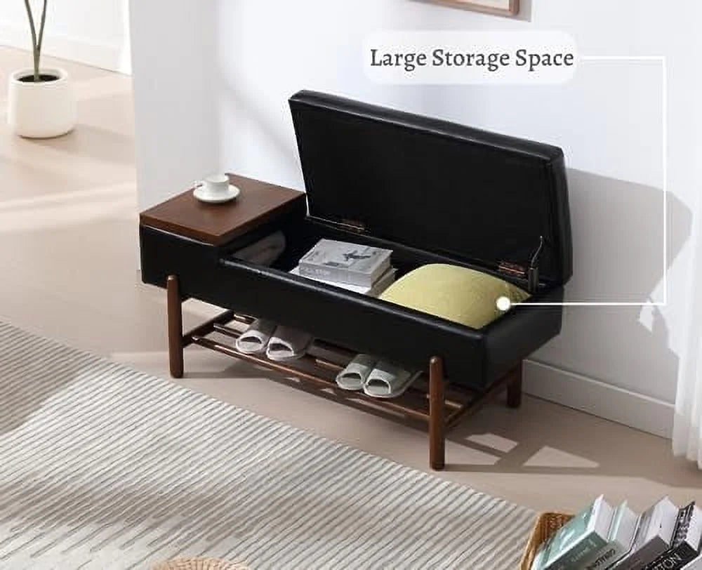 Green Leather Upholstered Ottoman Bench with Wood Shoe Rack O102