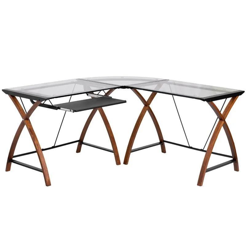 Glass L-Shape Desk with Keyboard Tray O731525