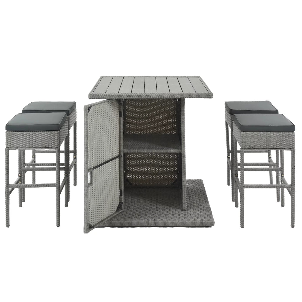 5 Piece Counter Height PE Rattan Patio Dining Set with Storage Table and Cushions O833821