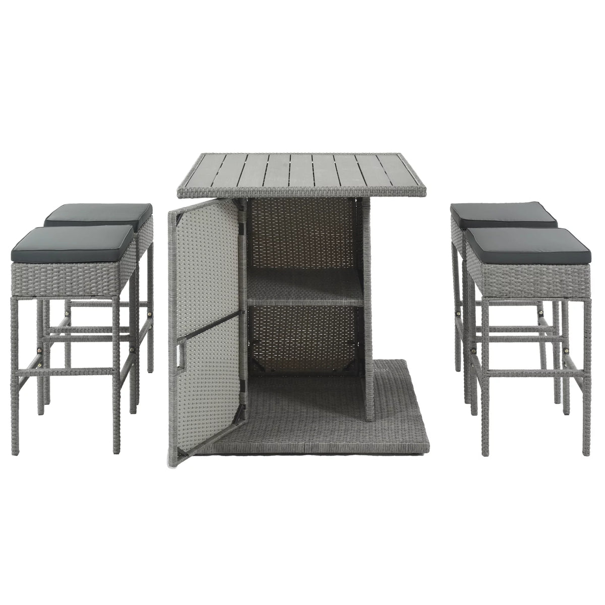 5 Piece Counter Height PE Rattan Patio Dining Set with Storage Table and Cushions O833821