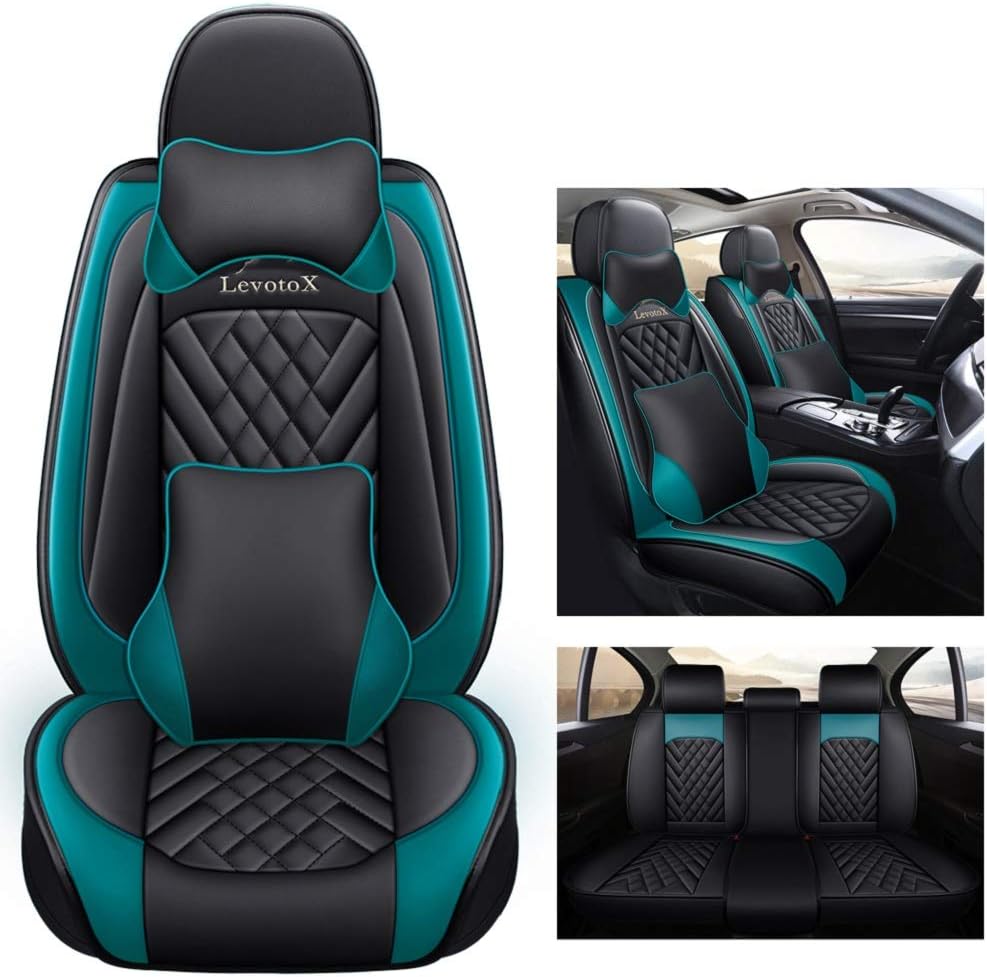 Leather Car Seat Covers 2 Seats Black-Blue E340