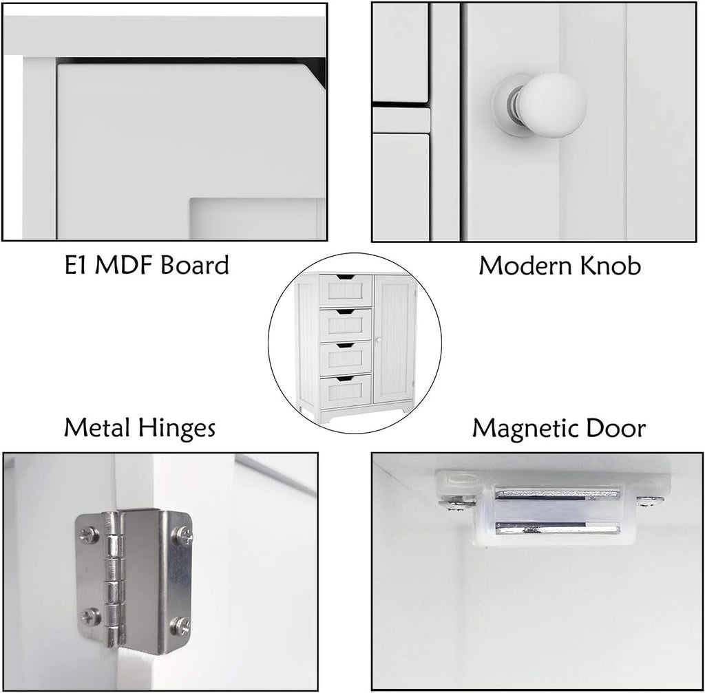 White Freestanding Bathroom Storage Cabinet with 4 Drawers and 1 Door U85601