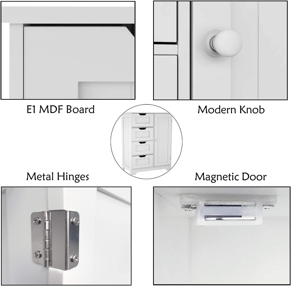 White Freestanding Bathroom Storage Cabinet with 4 Drawers and 1 Door U85601