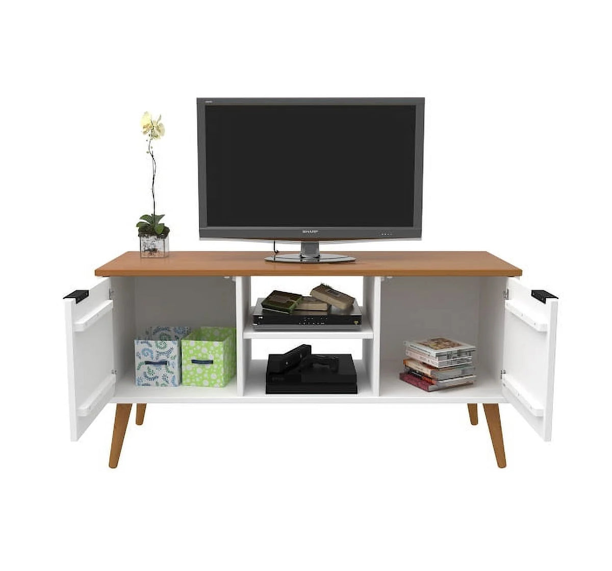 White 2 Door 2 Shelf Solid Wood TV Stand T236885