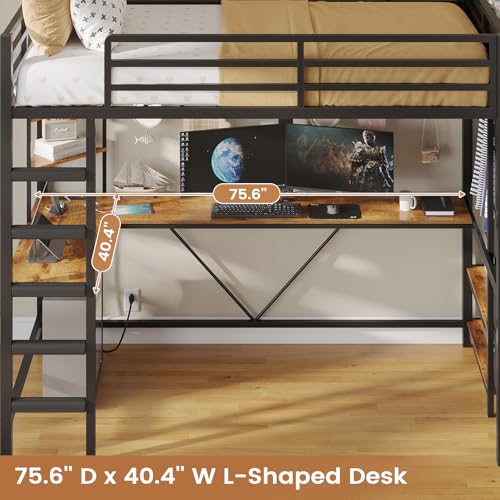 Twin Size Black Metal Loft Bed with Desk and Drawers X52344