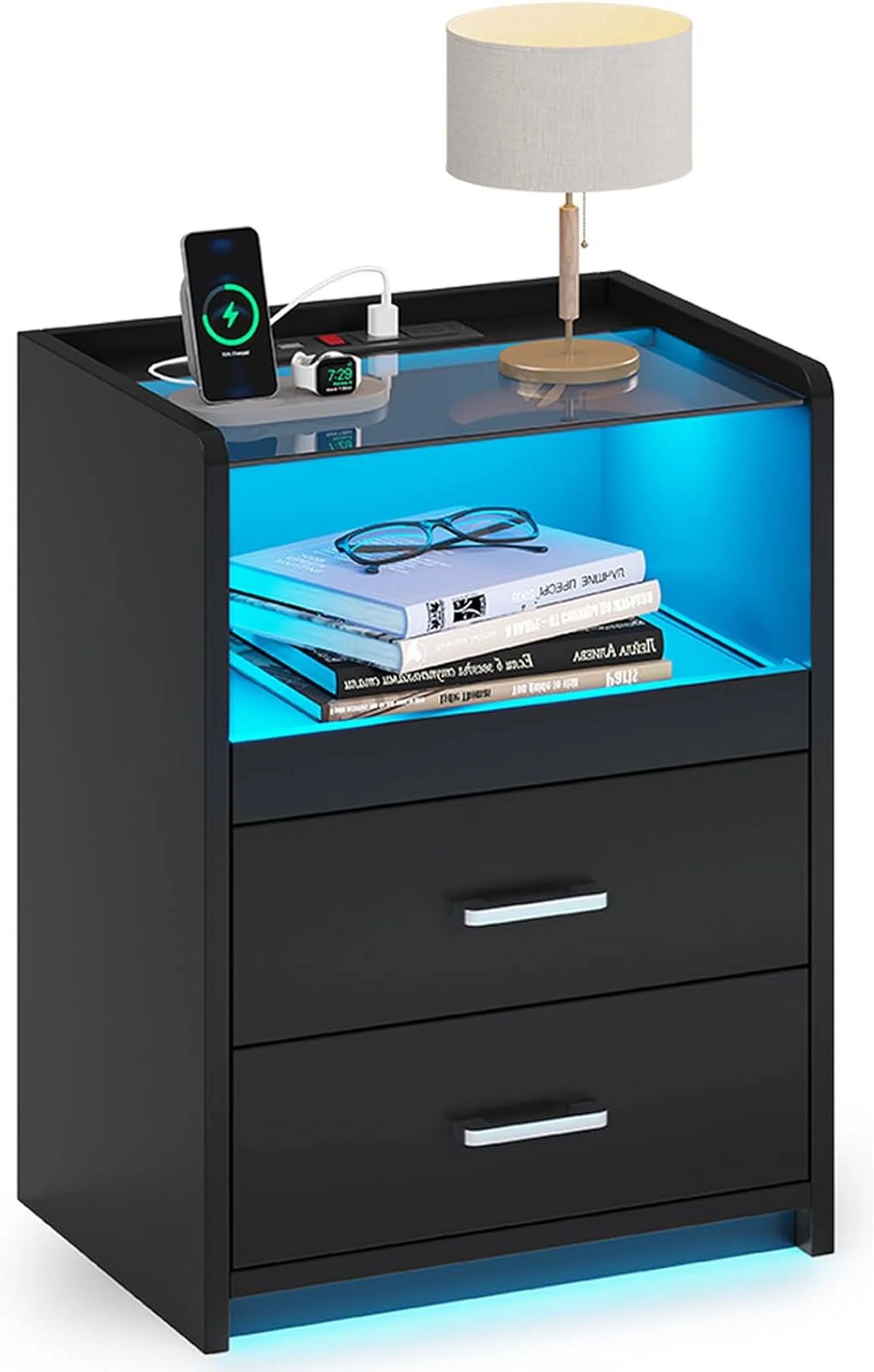 Black LED Nightstand with Charging Station, 2 Drawers P916