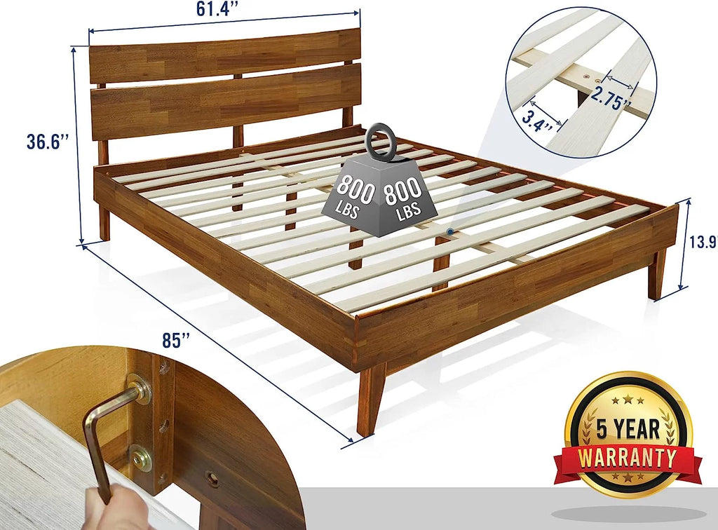 14 Inch Wood Platform Bed with Headboard Queen Size Caramel B5699