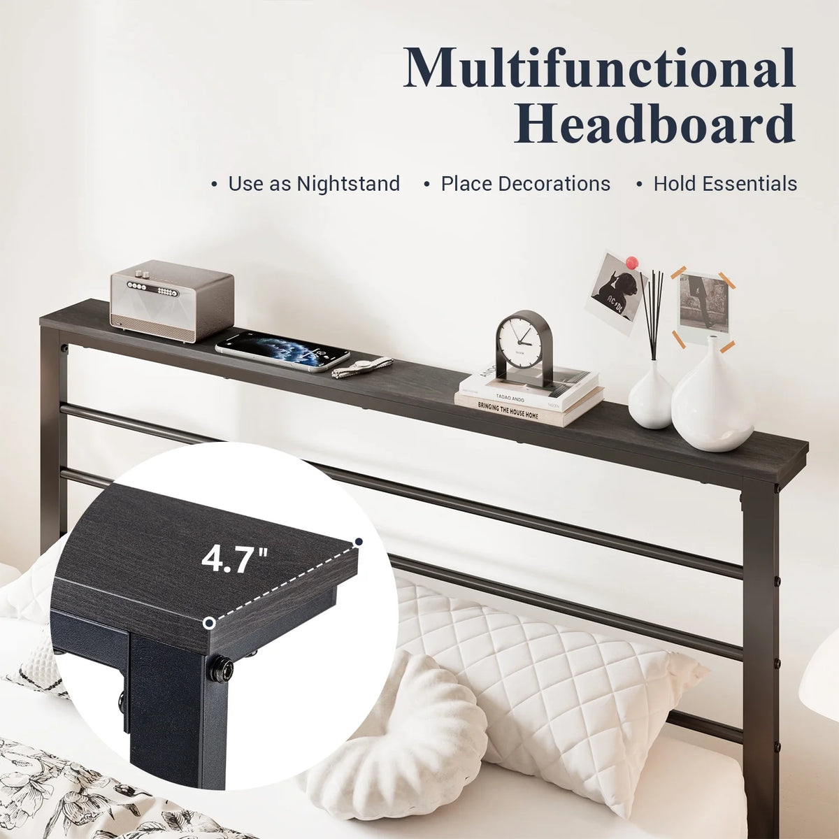 Queen Size Metal Platform Bed Frame with Shelf Headboard D286