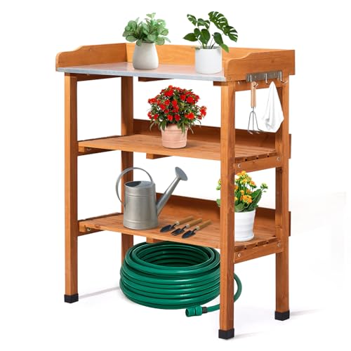 Wooden Potting Bench Table with Metal Tabletop and Open Shelf F978