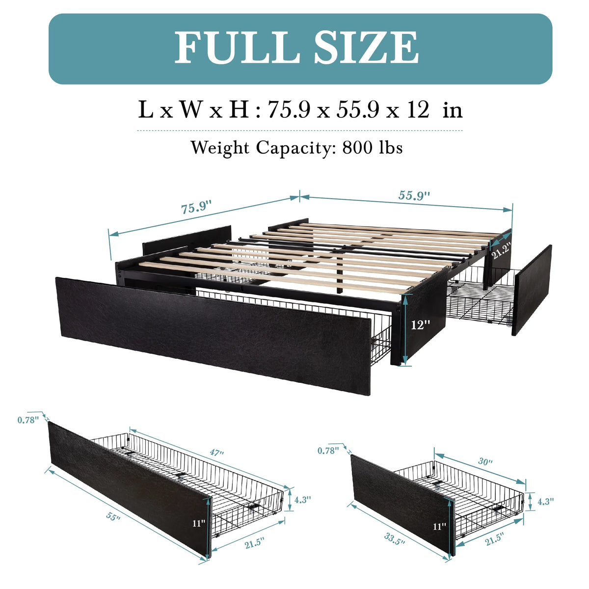 Dark Grey Queen Size Platform Bed Frame with 3 Storage Drawers S4436