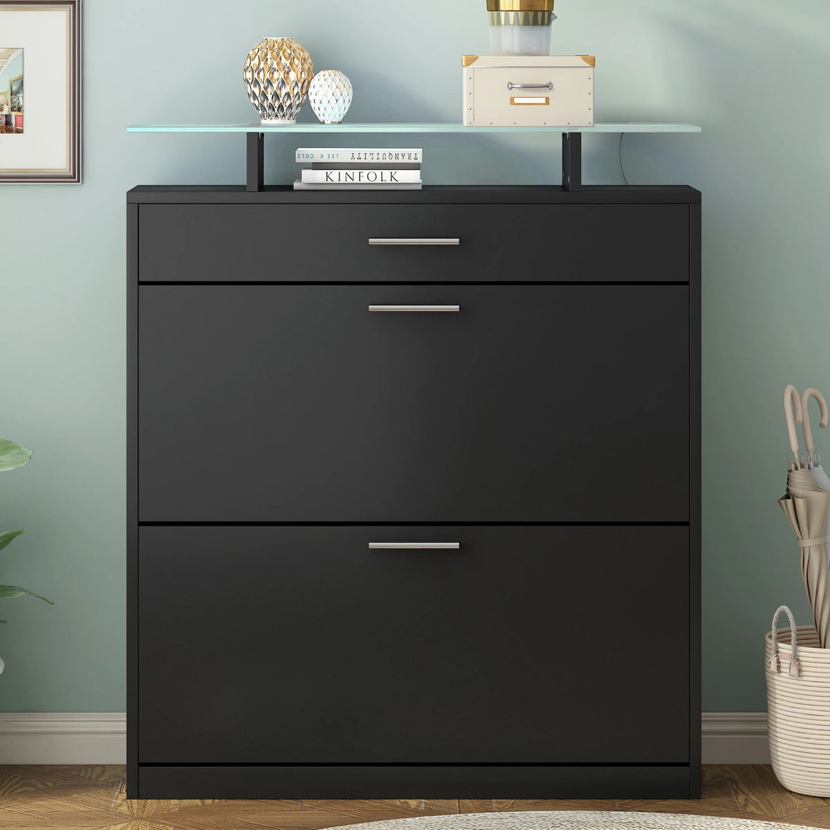 Black Slim Entryway Organizer with 2 Flip Drawers N8701