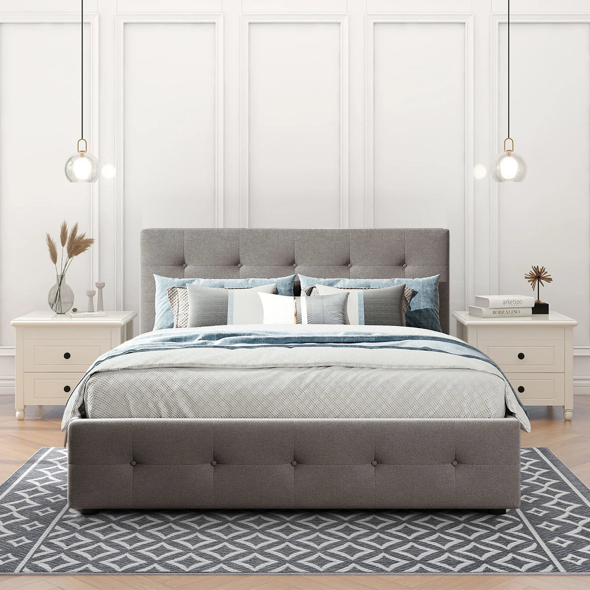 Light Gray Linen Upholstered Queen Size Platform Bed with Headboard Z537