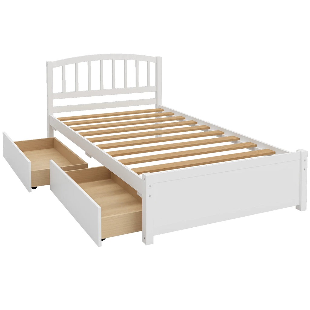 White Wood Twin Size Platform Bed with 2 Drawers F17633