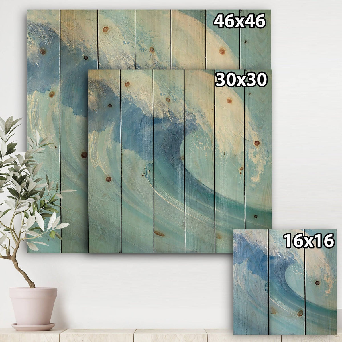 Ocean Wave Coastal Print on Natural Pine Wood Blue 46 in. Wide x 46 in. High R8078