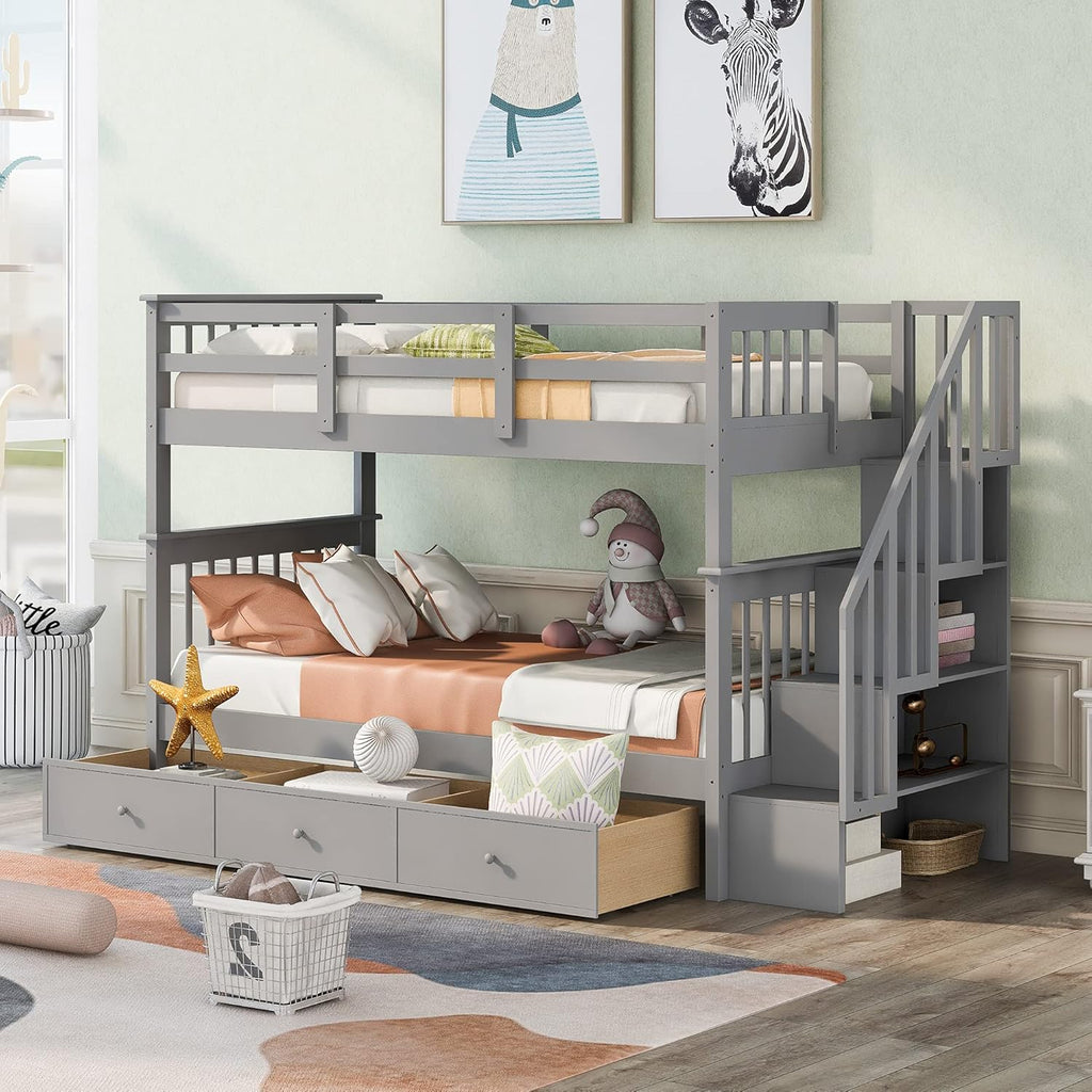 Solid Wood Twin-Over-Twin Bunk Bed with Trundle, 3 Storage Drawers, Staircase and Guard Rail L7566