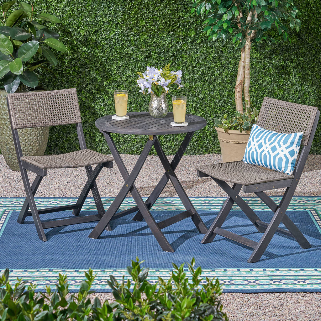 Acacia Wood Wicker Foldable Bistro Set with Chairs and Table Dark Gray T52378