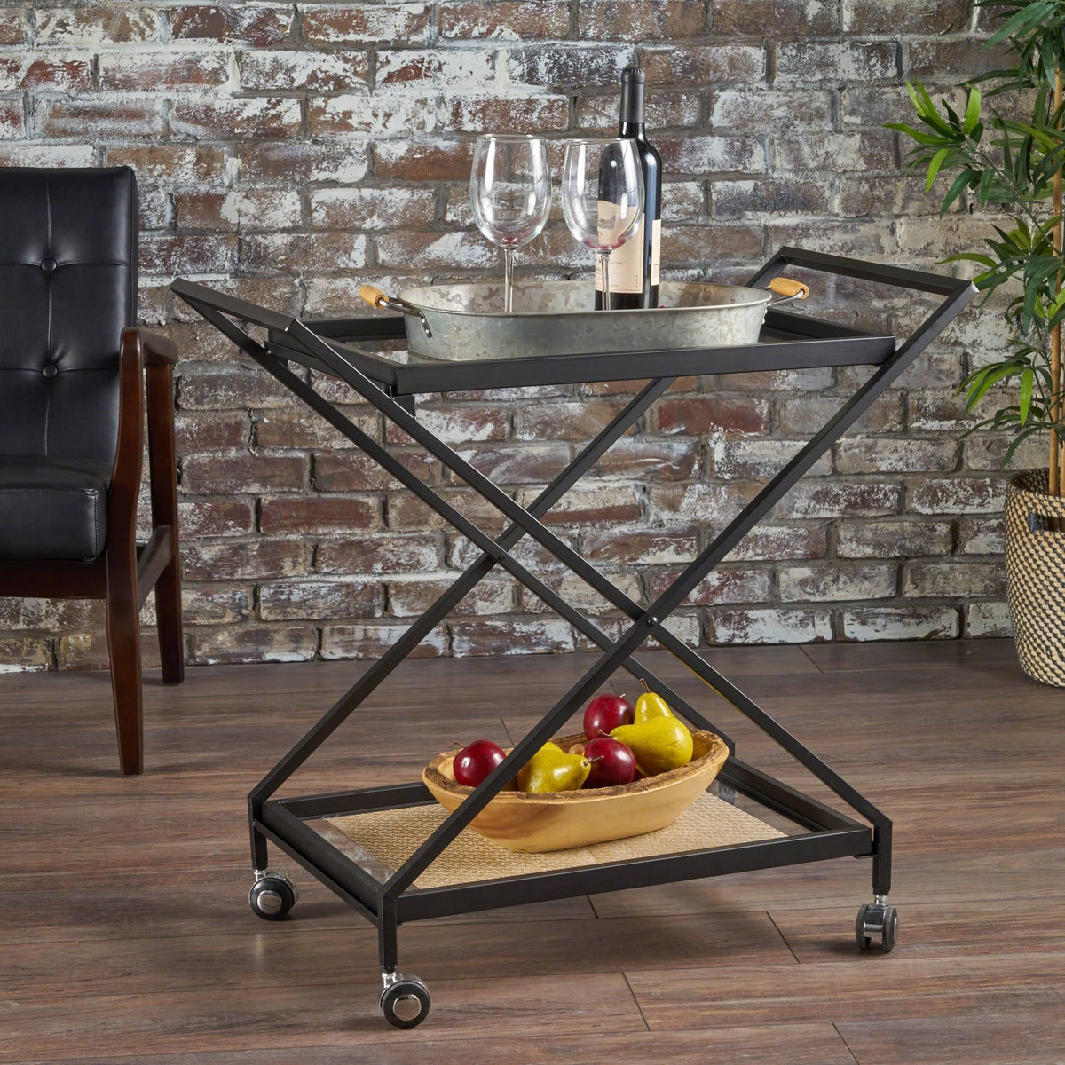 Black Tempered Glass Iron Bar Cart D4811