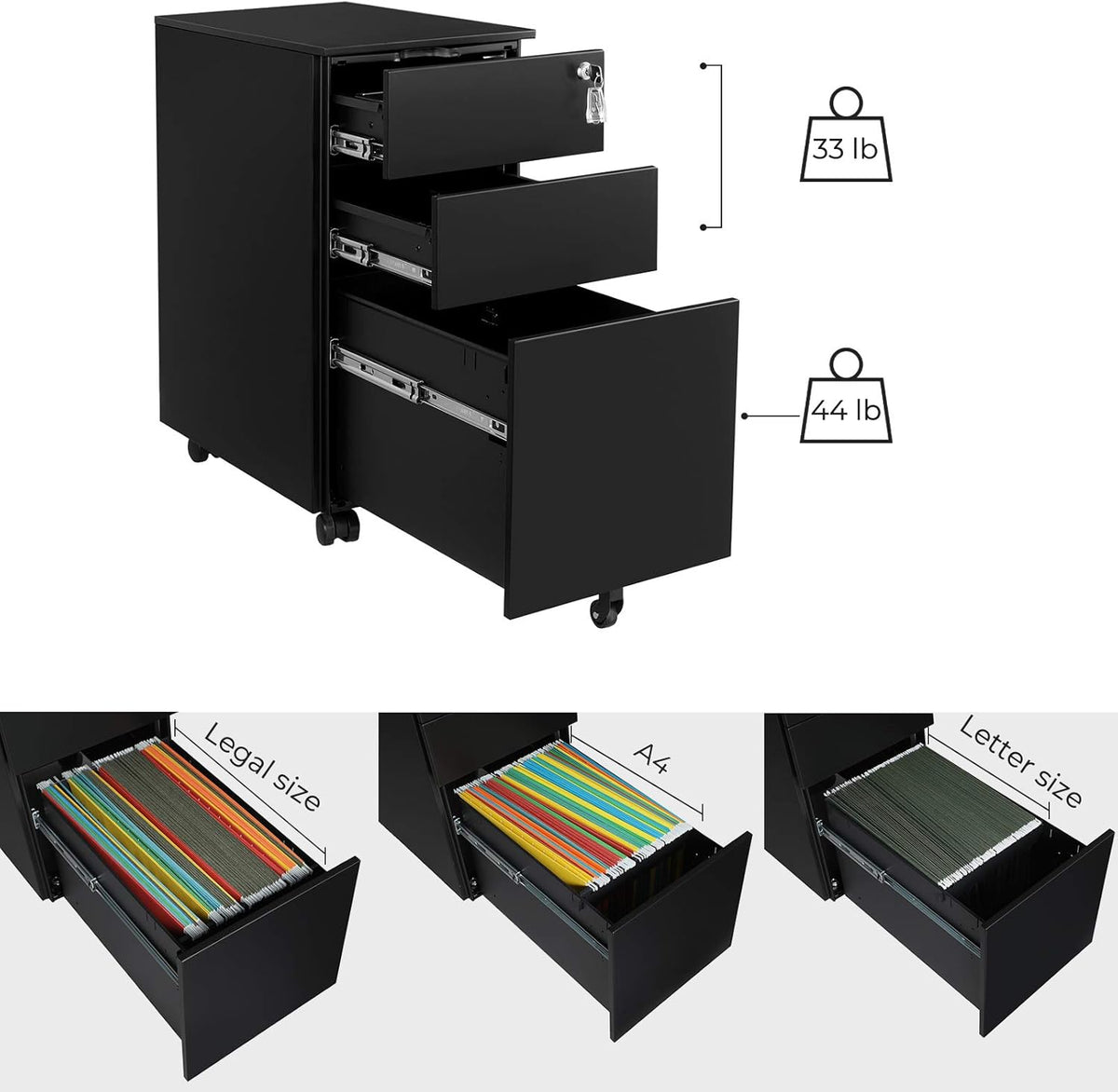Black 3 Drawer Steel File Cabinet with Lock P4984