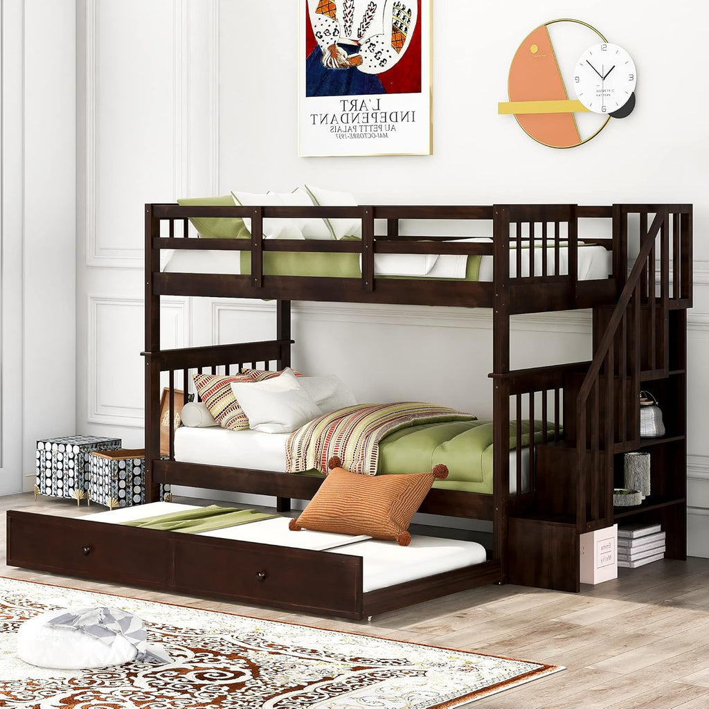 Solid Wood Twin-Over-Twin Bunk Bed with Trundle, 3 Storage Drawers, Staircase and Guard Rail L7566
