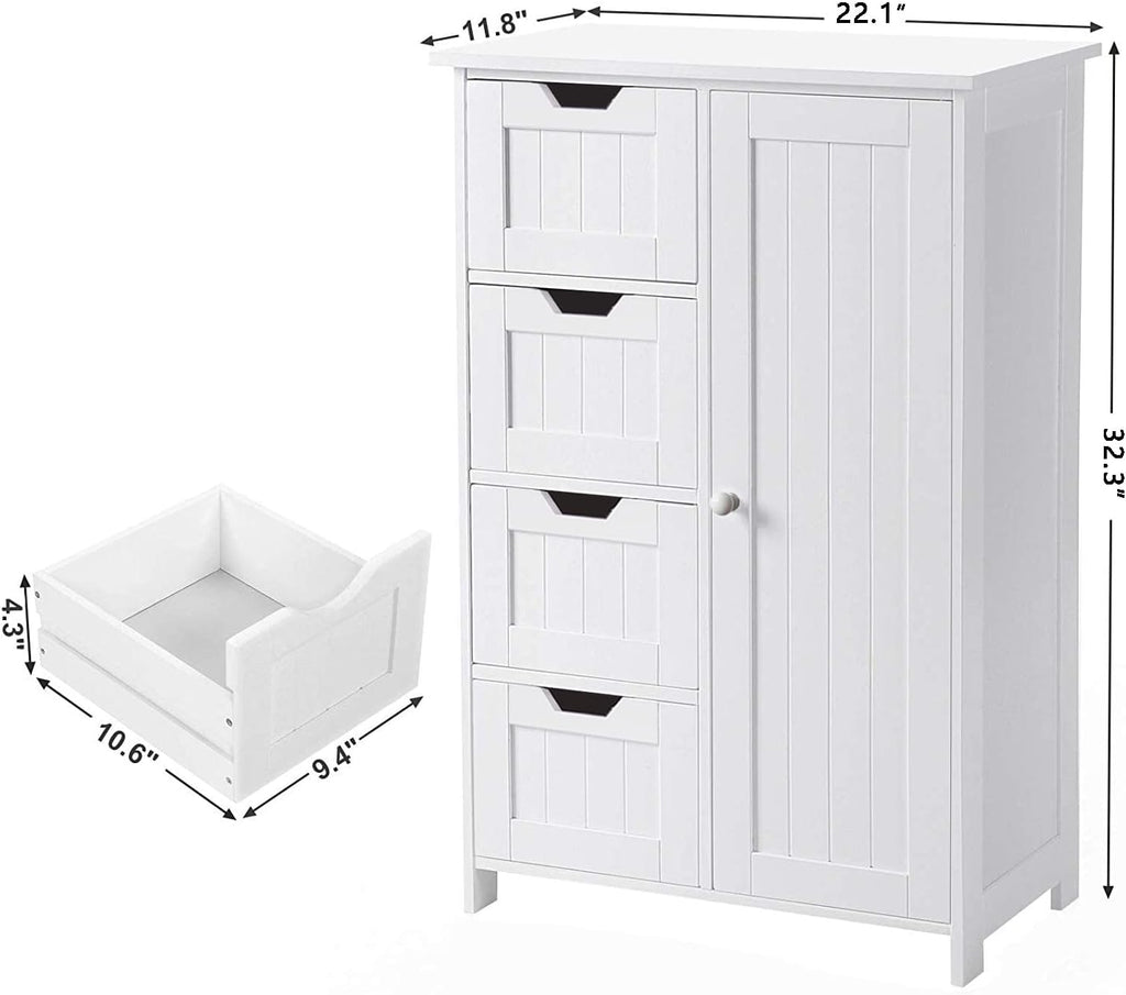 White Freestanding Bathroom Storage Cabinet with 4 Drawers and 1 Door U85601