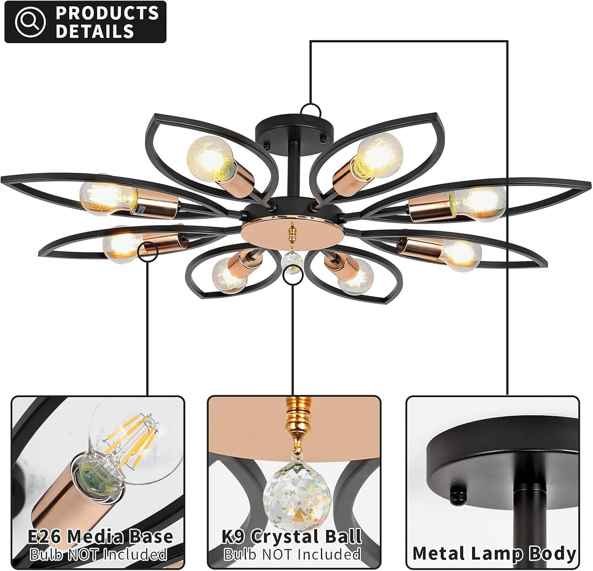 Black 8 Lights Semi Flush Mount Ceiling Light E545