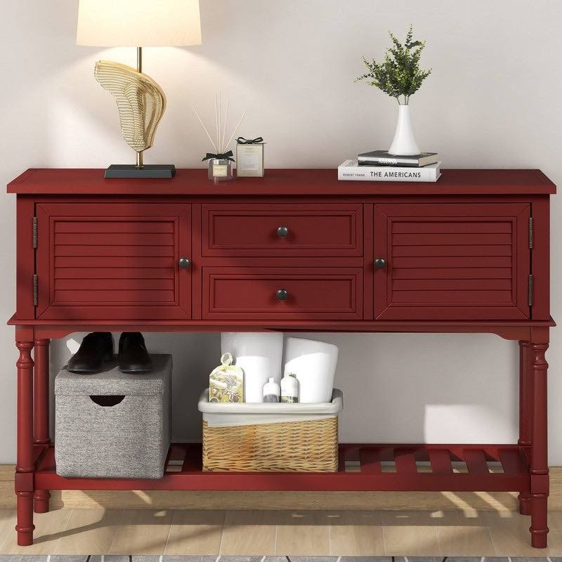 Modern Console Table with 2 Drawers, 2 Cabinets and 1 Shelf - Red U7603