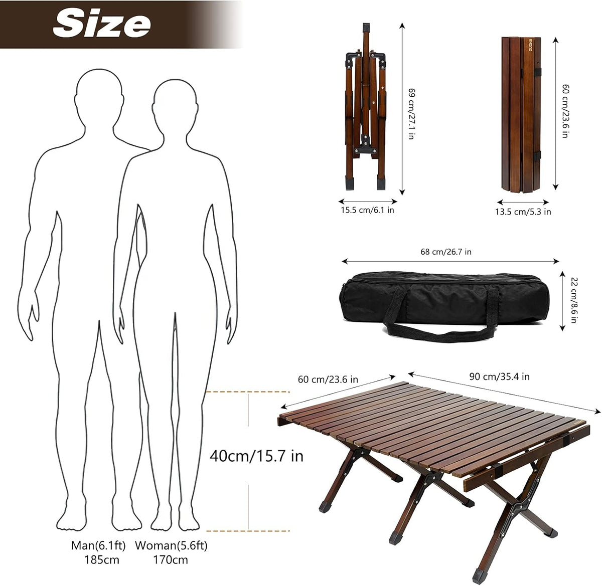 3ft Low Height Portable Folding Wooden Camping Table with Carry Bag E332844