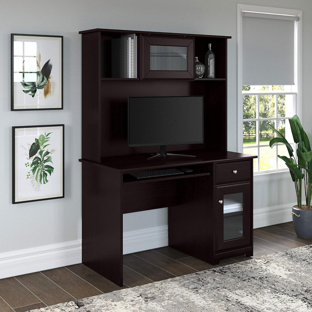Espresso Oak Computer Desk with Hutch and Keyboard Tray T193614
