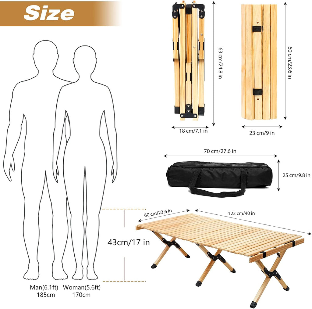 3ft Low Height Portable Folding Wooden Camping Table with Carry Bag E332844