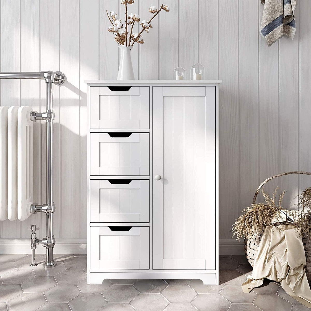White Freestanding Bathroom Storage Cabinet with 4 Drawers and 1 Door U85601